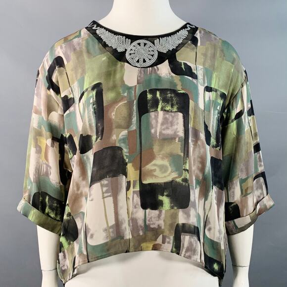 EMILIO PUCCI Size L Green Black Silk Graphic Sequined Cuffed Blouse - Picture 1 of 4